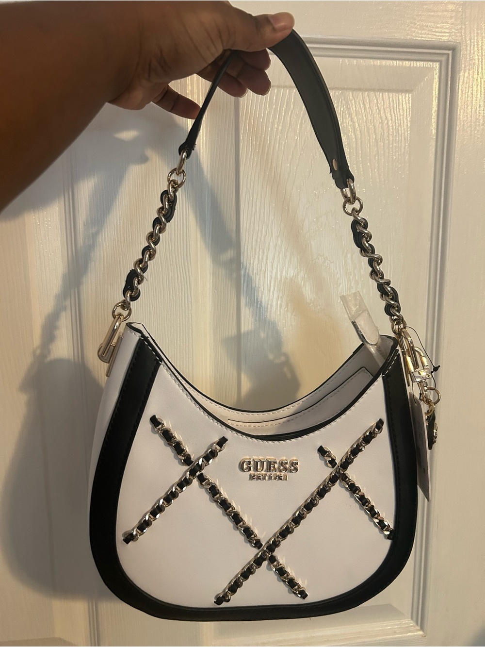 GUESS White and Black Chain-Trim Hobo Shoulder Bag